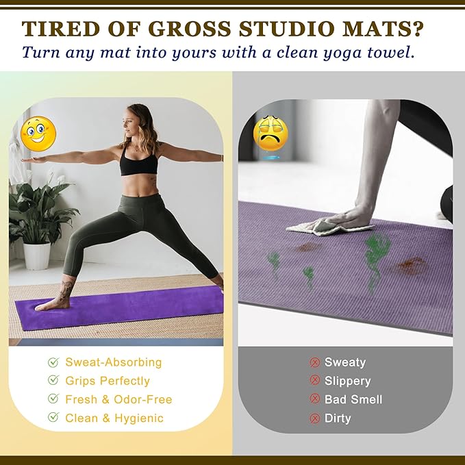 Hot Yoga Towel Set, 600GSM Yoga Mat Towel Extra Thick Dual-Color Microfiber, Soft Non-Slip Sweat Absorbent, 72" x 27.5" with Matching Hand Towel for Hot Yoga, Pilates, Fitness, Grey/Purple