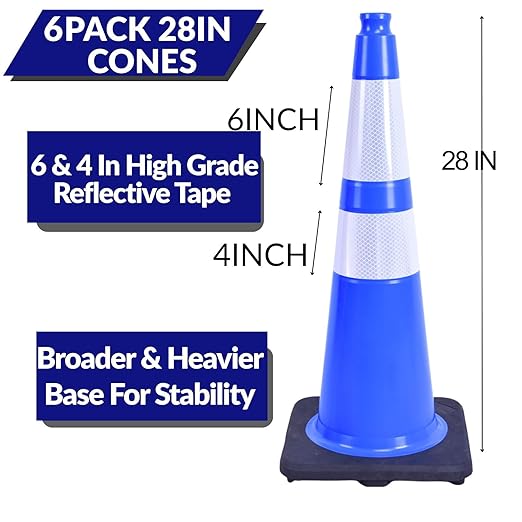 BESEA 6PACK 28 inch Traffic Safety Cones Blue Road Parking Cones 28" Heavy Duty Construction Cone Structurally Stable for Traffic Control at Public Place(6PCS)