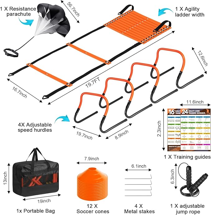 Agility Ladder, Soccer Speed Training Equipment, Football Practise Set with 20ft Ladder, 12 Cones, 4 Adjustable Hurdles, Jump Rope, Parachute, for Basketball, Football, Kids, Youth, Adults