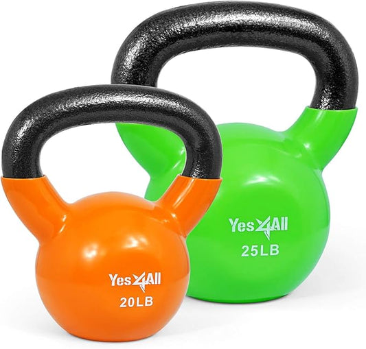 Yes4All Kettlebell, Vinyl Coated Kettlebell Cast Iron Sets with Stable Flat Bottom for Full Body Workout, Push up, Grip Strength Training & Weights Exercises