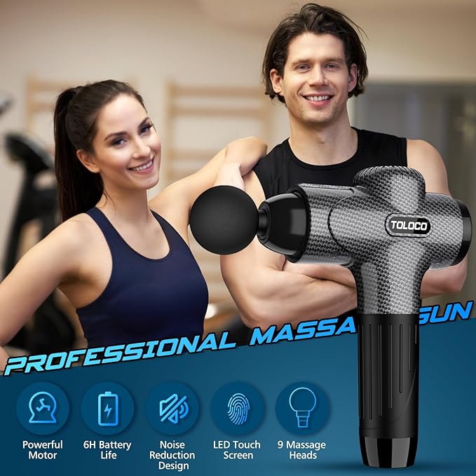 TOLOCO Massage Gun, Upgrade Deep Tissue Back Massager with 10 Replacement Heads, Percussion Massage Guns for Athletes for Pain Relief, Super Quiet Electric Massager for Treatment, Relax, Carbon