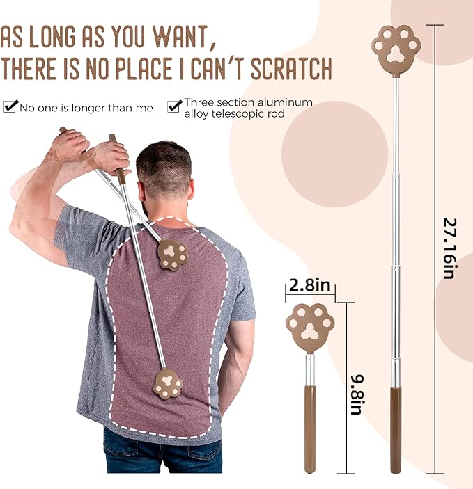 Back Scratcher, Oversized Color-Replaceable Head, Telescoping Massage Tool, 27 inch Aluminium Extendable Handle, Relief of Itches, Gift for Man and Woman (Brown)