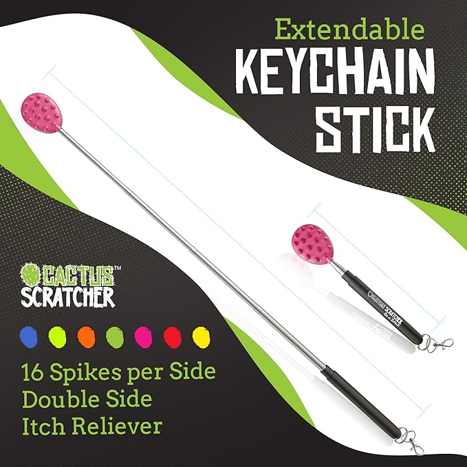 Cactus Scratcher Extendable Keychain Back Scratcher, Long Stick Double-Sided Itch Reliever for Back, Head & Body for Men & Women, Mother's Day Gifts, Extends Up to 16 Inches (Pink)