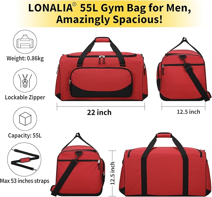 55L Large Gym Duffle Bag for Men - 22 inch Men's Sports Bag Heavy Duty Duffel Bag（Red)