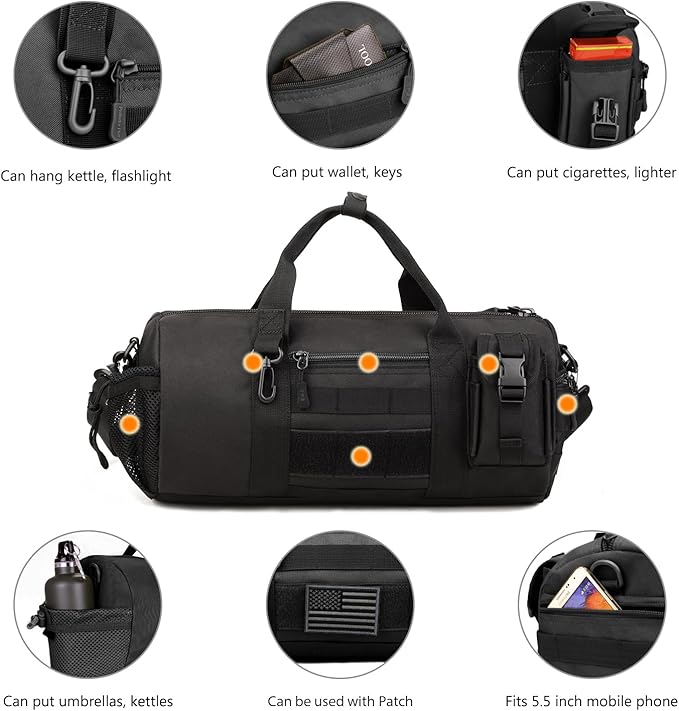 ArcEnCiel Small Tactical Duffle Bag Men Gym Pack Military Molle Shoulder Bags Shoes Storage Sports Handbag with Patch (Black)