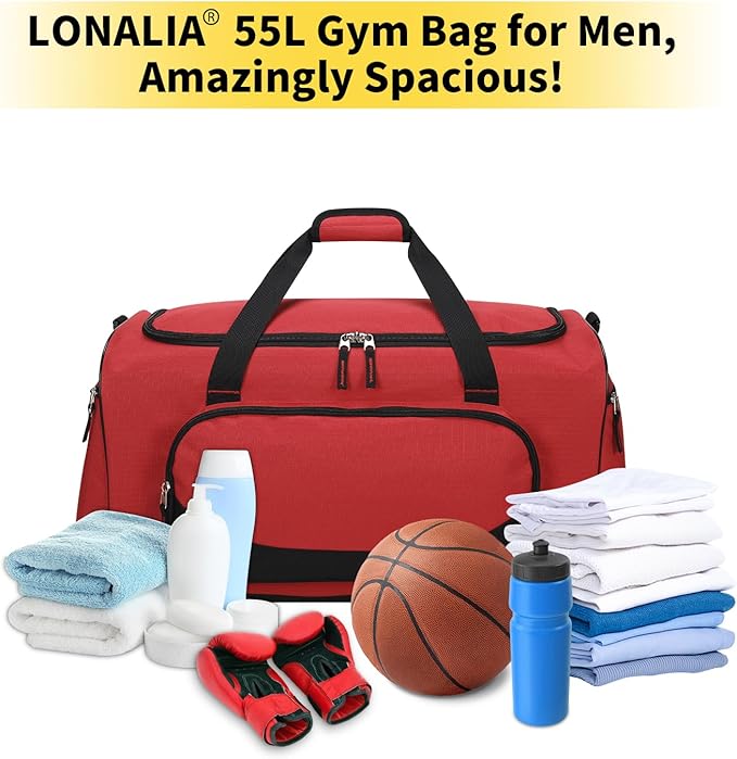 55L Large Gym Duffle Bag for Men - 22 inch Men's Sports Bag Heavy Duty Duffel Bag（Red)