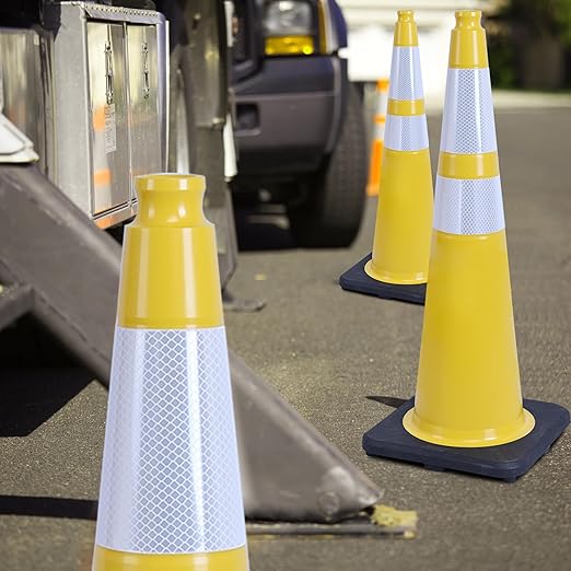OrangeStar 4-Pack 36" Yellow Traffic Cones with Weighted Rubber Base, 2 Reflective Collars, Large Safety Cones for Parking Lot, Road Construction, Warehouse, Highway, Weatherproof PVC