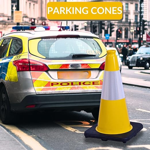 BESEA 6Pack 18 Inch Yellow Traffic Cones with 6 Inch Reflective Collar, Heavy Duty PVC Safety Cones with 10.5 x 10.5 Inch Base for Parking, Driving Practice, Sports Training, and Construction