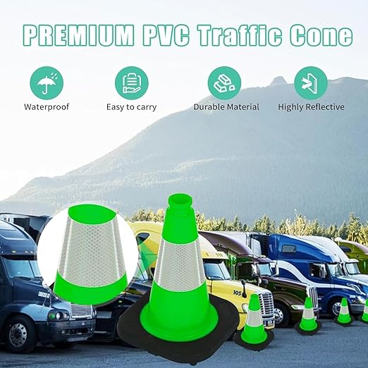 BESEA 4Pack 12 Inch Green Traffic Cones with 4 Inch Reflective Collar, Heavy Duty PVC Safety Cones with 8.5 x 8.5 Inch Base for Parking, Driving Practice, Sports Training, and Construction
