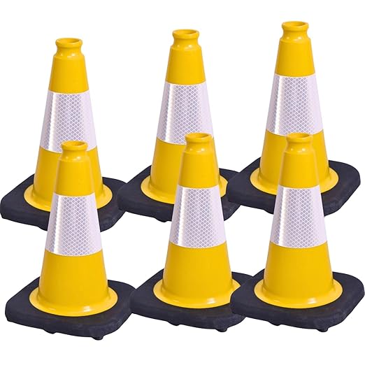 BESEA 6Pack 12 Inch Yellow Traffic Cones with 4 Inch Reflective Collar, Heavy Duty PVC Safety Cones with 8.5 x 8.5 Inch Base for Parking, Driving Practice, Sports Training, and Construction
