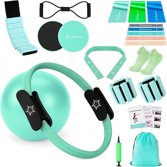 Pilates Equipment Kit for Home Workout, Pilates Ring and Ball Set for Women, 14'' Magic Circle Essentials Accessories Kit with Wrist Weights, Resistance Bands, Yoga Strap, Core Sliders, Socks, Bag