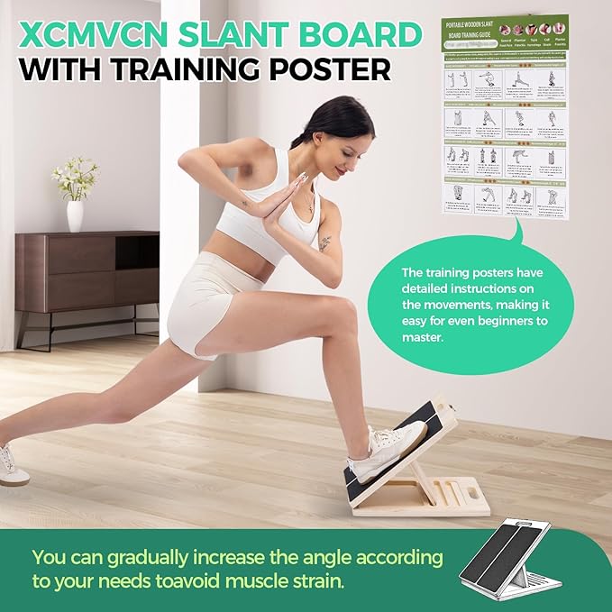 Slant Board for Calf Stretching, 5 Angle Portable Adjustable Calf Wooden Stretch Board with Training Poster, 300lb Weight Capacity for Ankle Heel Feet Leg Knees Physical Therapy Equipment