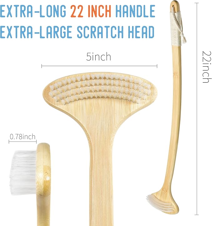 22" Oversized Back Scratcher, Bamboo Body Scratcher for Men and Women, Curved Backscratcher with Long Handle and Wide Nylon Brush Head for Itching Relief, Great for Elders, Pregnant Women