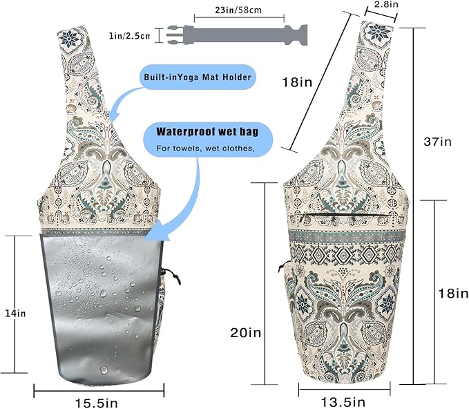 Yoga Mat Bag - Large Opening Long Tote Yoga Mat Carrier Holder Bag with Waterproof Wet Zipper Pocket and Drawstring Water Bottle Pocket - Yoga Bag Fit Most Size Mats