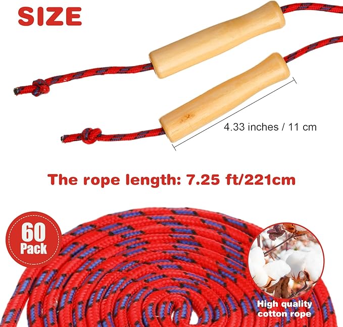 Lenwen 60 Pcs 7.25 ft Jump Rope for Kids Bulk Back to School Supplies Adjustable Cotton Beaded Skipping Rope with Wooden Handle for Christian Charity Children Classroom Exercise Training Fun Activity