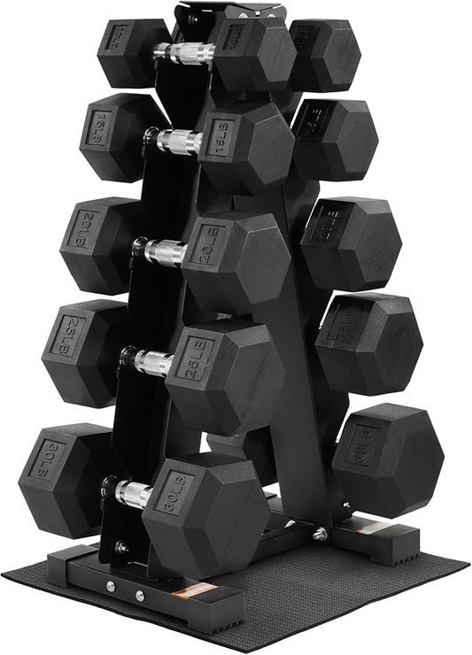 Fitvids Rubber Coated Hex Dumbbell Weight Set and Storage Rack, 100LB Set or 150LB Set, 5-20 lbs Pairs or 5-25 lbs Pairs