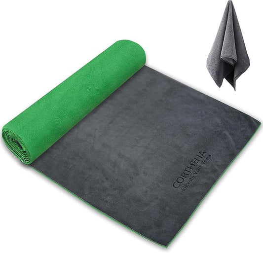 Hot Yoga Towel Non Slip Extra Thick Yoga Mat Towel + Hand Towel 2in1 Set, Dual-Sided Sweat Absorbent Microfiber for Hot Yoga, Pilates, Fitness (70"x25.5"+27"x15.5"), Grey Front with Green