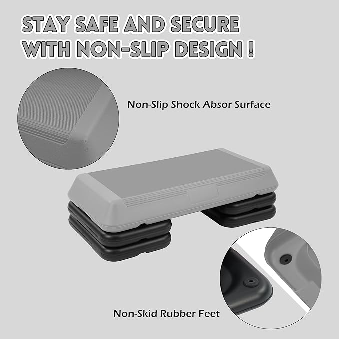 Fitvids Step Aerobic Platform, Exercise Step with 5 levels Adjustable Height, 4 Stackable Risers, Fitness Training Workout Stepper for Home Gym, Cardio Strength, Multiple Options