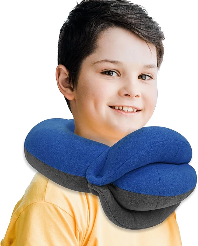 BUYUE Kids Travel Pillows for Airplane, 360° Head Support Sleeping Essentials for Boys Long Flight, Skin-Friendly Soft Neck Pillow for Traveling in Car Seat, (Small, Blue Grey, 40-90 lbs)
