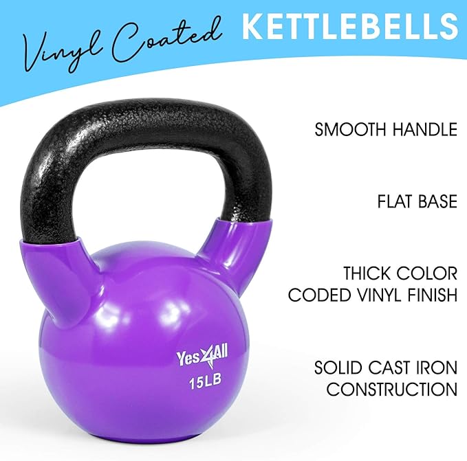 Yes4All Kettlebell, Vinyl Coated Kettlebell Cast Iron Sets with Stable Flat Bottom for Full Body Workout, Push up, Grip Strength Training & Weights Exercises