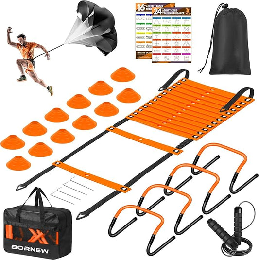 Agility Ladder, Soccer Speed Training Equipment, Football Practise Set with 20ft Ladder, 12 Cones, 4 Adjustable Hurdles, Jump Rope, Parachute, for Basketball, Football, Kids, Youth, Adults