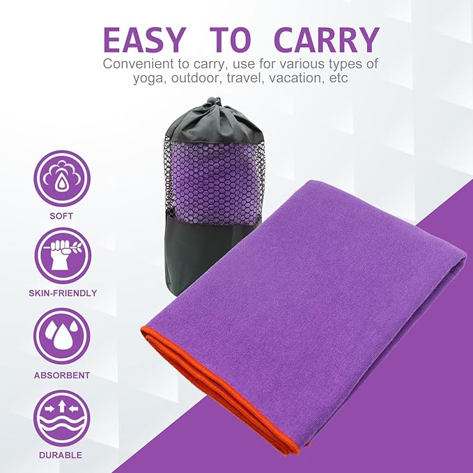 Eunzel Hot Yoga Towel - Microfiber Non Slip Yoga Mat Towel with Grip Dot Sweat Absorbent Towel for Hot Yoga, Pilates and Fitness 72" x 24", Purple/Orange
