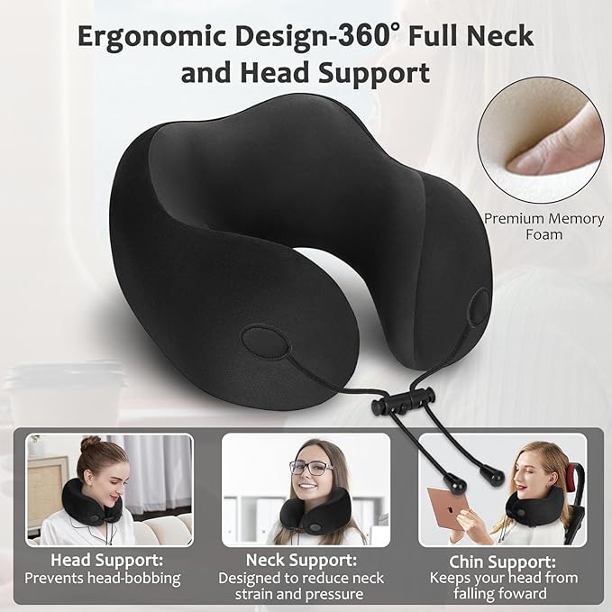 Travel Pillow, Memory Foam Neck Pillow for Airplane, Ergonomic Neck Support with Washable & Breathable Cover, Includes Eye Mask, Earplugs & Compact Bag for Long Flights, Cars, Home & Office (Black)