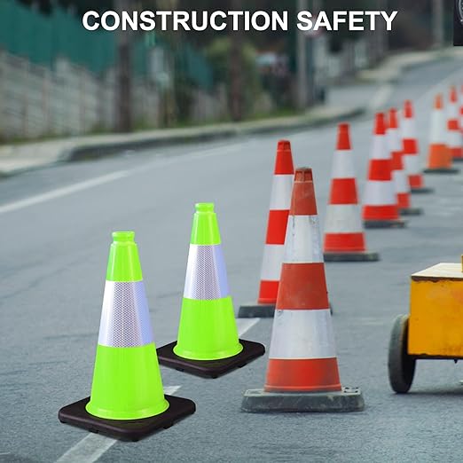 OrangeStar 6-Pack 18" Traffic Cones with Weighted Rubber Base, 6" Reflective Collar, Green Safety Cones for Parking Lot, Road Construction, Warehouse, Highway, Weatherproof PVC