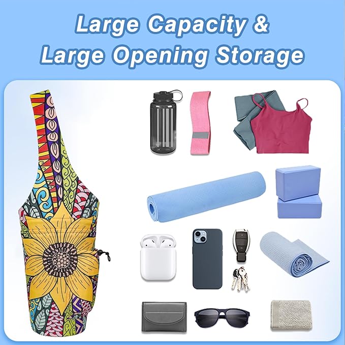 Yoga Mat Bag - Large Opening Long Tote Yoga Mat Carrier Holder Bag with Waterproof Wet Zipper Pocket and Drawstring Water Bottle Pocket - Yoga Bag Fit Most Size Mats