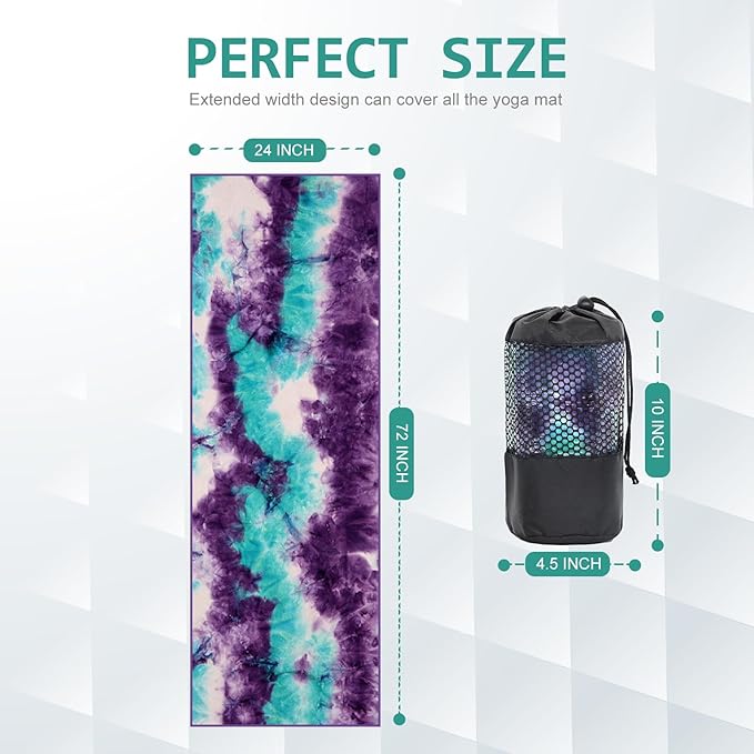 Eunzel Hot Yoga Towel - Microfiber Non Slip Yoga Mat Towel with Grip Dot Sweat Absorbent Towel for Hot Yoga, Pilates and Fitness 72" x 24", Green & Purple/Purple
