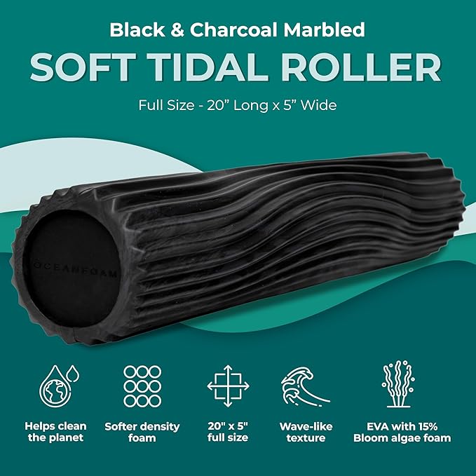 Oceanfoam Soft Tidal Roller (Black & Charcoal Marbled) - Low Density Foam Roller for Physical Therapy, Back Pain, Exercise & Stretching - Wave Textured - Yoga & Wellness - Full Size, 20" x 5"