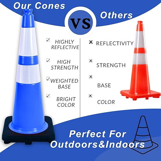 BESEA 8PACK 28 inch Traffic Safety Cones Blue Road Parking Cones 28" Heavy Duty Construction Cone Structurally Stable for Traffic Control at Public Place(8PCS)