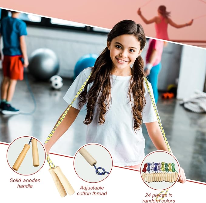 Lenwen 60 Pcs 7.25 ft Jump Rope for Kids Bulk Back to School Supplies Adjustable Cotton Beaded Skipping Rope with Wooden Handle for Christian Charity Children Classroom Exercise Training Fun Activity