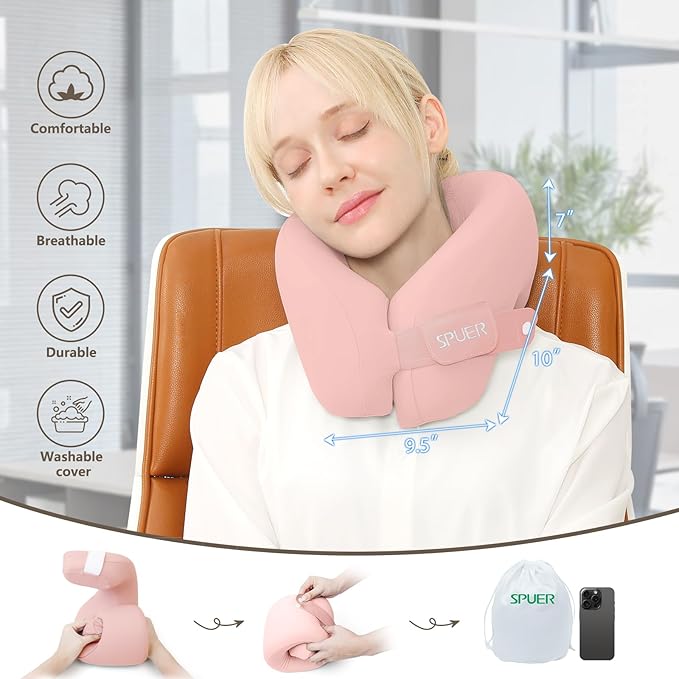 2in1 Ergonomic Memory Foam Travel Neck Pillow – 2025 Upgrade Travel Pillow for All Sleep Positions on Flights, Road Trips, and Long Distance Travel with Drawstring Bag (Adjustable - Pink)