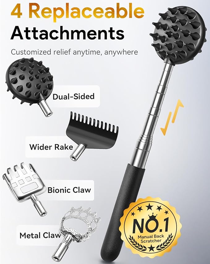 TUKUOS Telescoping Back Scratcher with 4Pcs Detachable Scratching Heads, Stocking Stuffers for Men Back Scratcher for Men/Dad/Women, White Elephant Gifts for Adults Christmas Gifts for Men Women