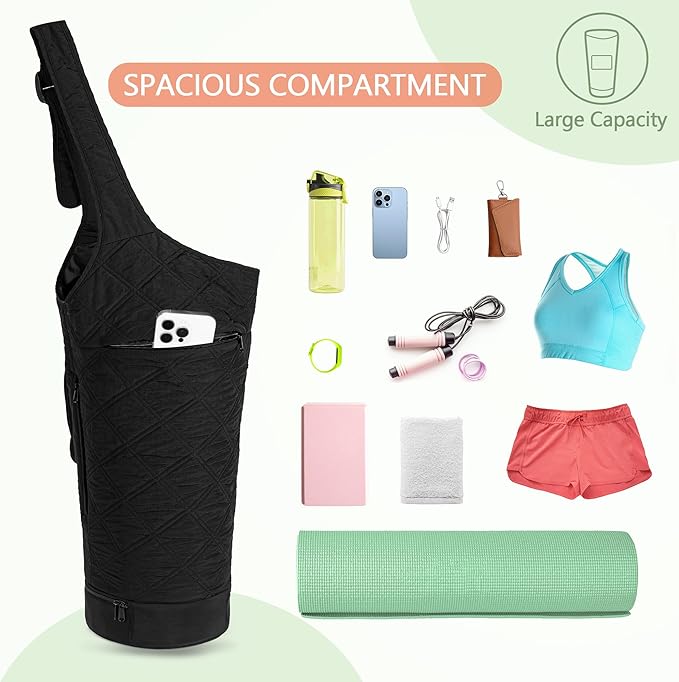 Yoga Mat Bag with Wet Pocket, Bottle Pocket and Mat Secure Straps, Yoga Mat Carrier Fits Most Size Mats (Bag Only), Black