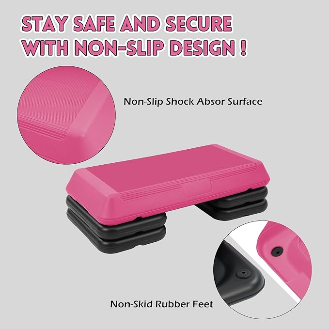 Fitvids Step Aerobic Platform, Exercise Step with 5 levels Adjustable Height, 4 Stackable Risers, Fitness Training Workout Stepper for Home Gym, Cardio Strength, Multiple Options