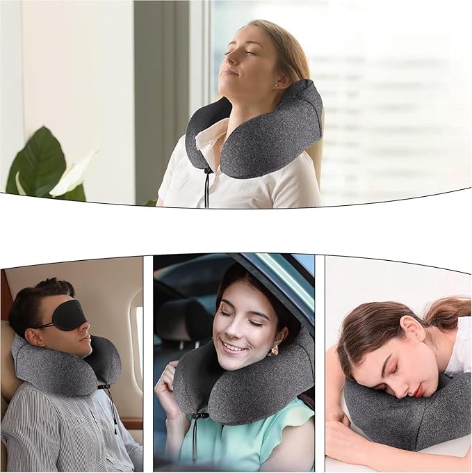 SKYANA Travel Pillow 100% Pure Memory Foam Neck Pillow, Comfortable & Breathable Cover, Machine Washable, Airplane Travel Kit with 3D Contoured Eye Masks, Earplugs, and Luxury .Dark Gray.