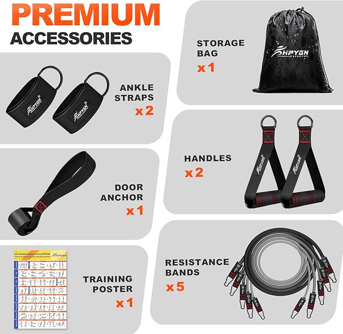 HPYGN Resistance Bands, Exercise Bands with Handles, Fitness Bands, Workout Bands with Door Anchor and Ankle Straps, for Heavy Resistance Training, Physical Therapy, Shape Body, Yoga, Home Workout Set