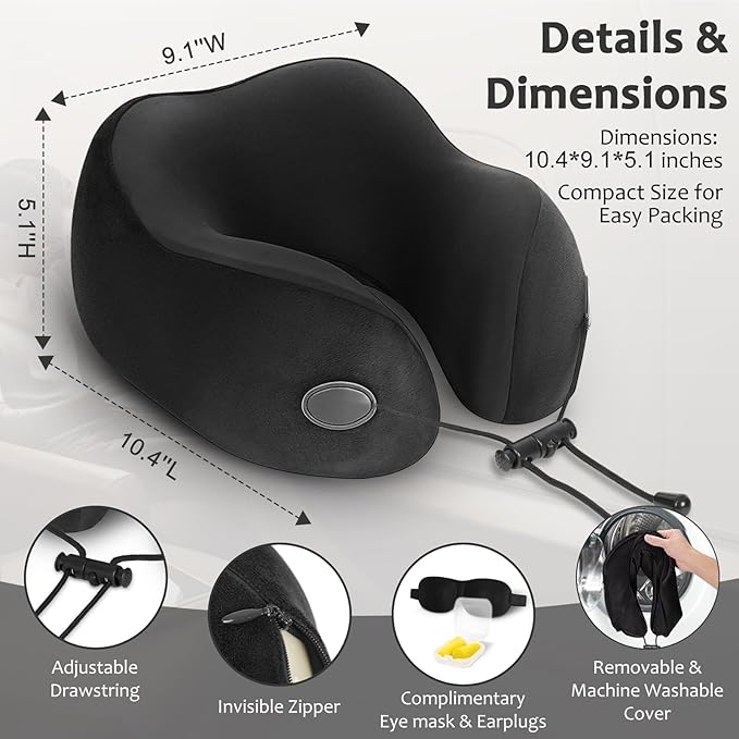 Travel Pillow, Memory Foam Neck Pillow for Airplane, Ergonomic Neck Support with Washable & Breathable Cover, Includes Eye Mask, Earplugs & Compact Bag for Long Flights, Cars, Home & Office (Black)