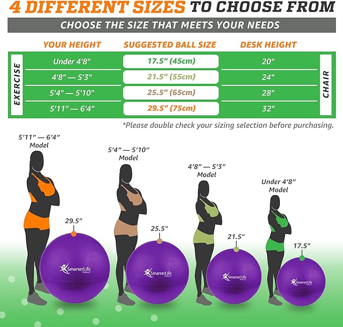 SmarterLife Exercise Ball Yoga Ball for Fitness, Balance, Stability, or Pregnancy, Gym Ball for Core Workout, Physical Therapy, Yoga Ball Chair for Office, Anti-Slip Anti-Burst