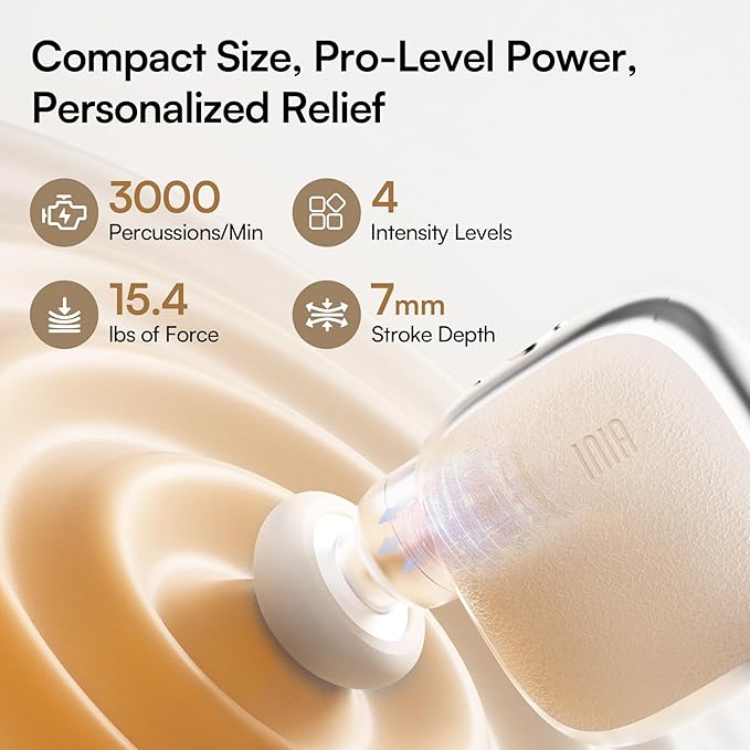 INIA PocketForce Mini Massage Gun - 75% Smaller, High-Power Percussion for Full Body Relief, Portable Deep Tissue Massager Gun with Leather Case & 3 Heads for Travel & Office Use, Gifts for Men Women