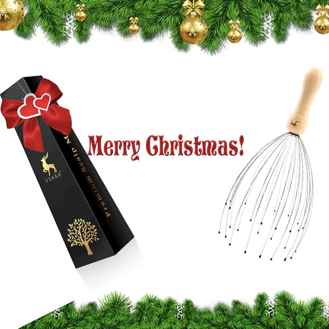 USAGA 28 Finger Head Scratcher, Head Massager, Scalp Massager, Stocking Stuffers Gift for Scalp Body Relaxing Wood Handle (1 Pack)