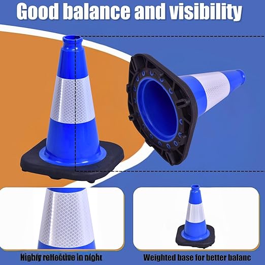 BESEA 4Pack 12 Inch Blue Traffic Cones with 4 Inch Reflective Collar, Heavy Duty PVC Safety Cones with 8.5 x 8.5 Inch Base for Parking, Driving Practice, Sports Training, and Construction