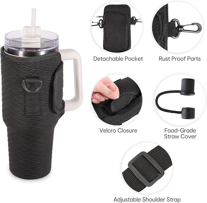 &And Per Se Water Bottle Carrier Bag, 40oz Water Bottle Holder with Detachable Phone Pocket, Food-Grade Straw Cover, Bag Charm and Adjustable Shoulder Strap (Black)