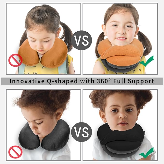 BUYUE Kids Travel Pillows for Airplane, 360° Head Support Sleeping Essentials for Boys Long Flight, Skin-Friendly Soft Neck Pillow for Traveling in Car Seat, (Small, Orange Grey, 40-90 lbs)