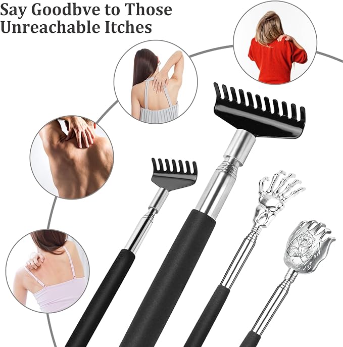 Oversized Back Scratcher Gift Set, 4 Pack Portable Extendable Stainless Steel Telescoping Massage Tool, Gift/Stocking Stuffers for Men Women