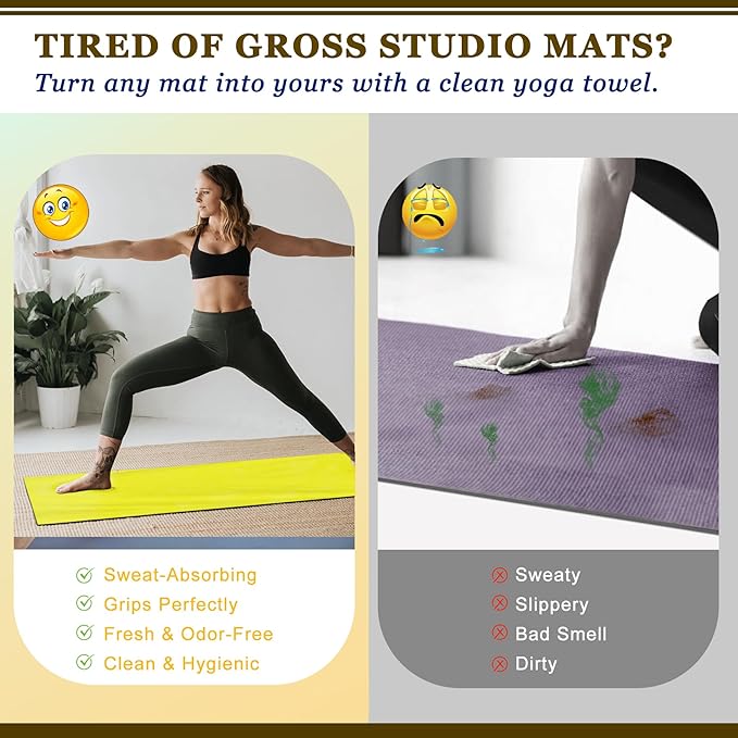 Hot Yoga Towel Set, 600GSM Yoga Mat Towel Extra Thick Dual-Color Microfiber, Soft Non-Slip Sweat Absorbent, 72" x 27.5" with Matching Hand Towel for Hot Yoga, Pilates, Fitness, Grey/Yellow