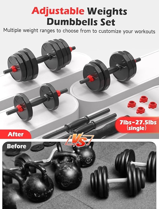 Adjustable Dumbbells, 20/30/40/55/60/70/80/90lbs Free Weight Set with Connector, 2 or 3 in 1 Dumbbells Used as Barbell, Kettlebells, Fitness Exercises for Home Gym Suitable for Men/Women