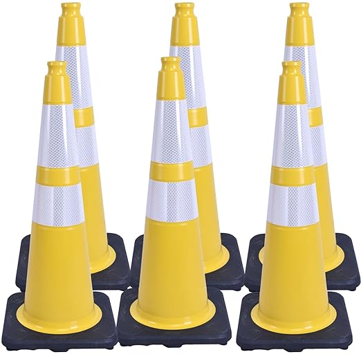 BESEA 6PACK 28 inch Traffic Safety Cones Yellow Road Parking Cones 28" Heavy Duty Construction Cone Structurally Stable for Traffic Control at Public Place(6PCS)